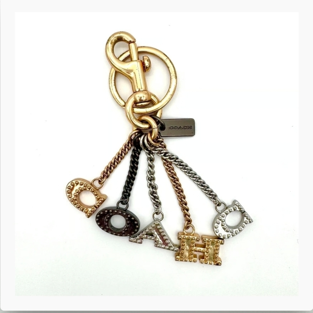 COACH Flowing Perforated Letters Purse Bag Charm Keychain Gold/Multi-Tone
